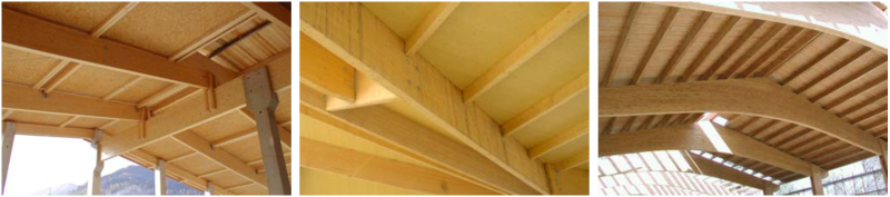 Beispiele für Tragwerke aus geraden oder gekrümmten Brettschichtholzträgern mit Anschlüssen von Pfetten oder Querträgern; Dachflächenuntersicht aus Holz oder Holzwerkstoffen