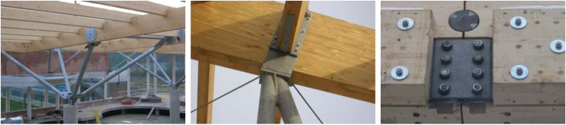 Druckstreben aus Stahl; Stahlstützen-Anschluss; Knoten mit Stahl-Formteil und Verbindungsmitteln